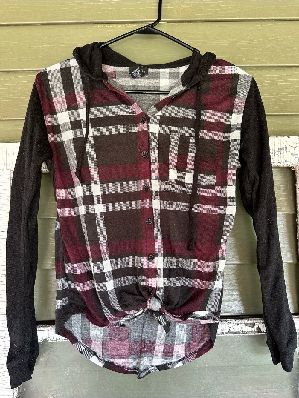 Rue21 Burgundy and Black Plaid Button-Down Hoodie Top